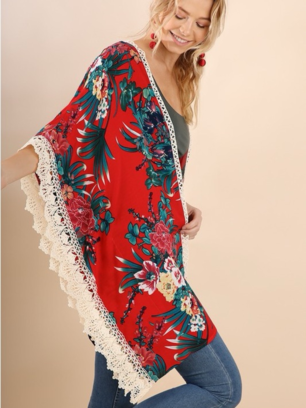 Altar'd State Teal and Red Tropical Floral Wrap Kimono with Lace Trim Cream M/L